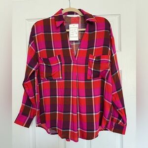 Lush Plaid Tunic Blouse in Pink & Red